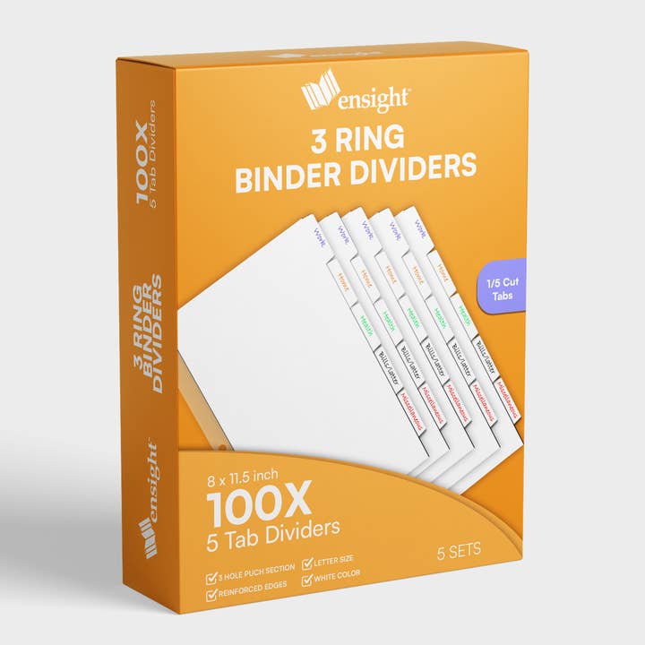 Ensight - Wholesale Binder - 3 Ring Page Dividers Bulk, 1/5 Cut Tab 100 Dividers