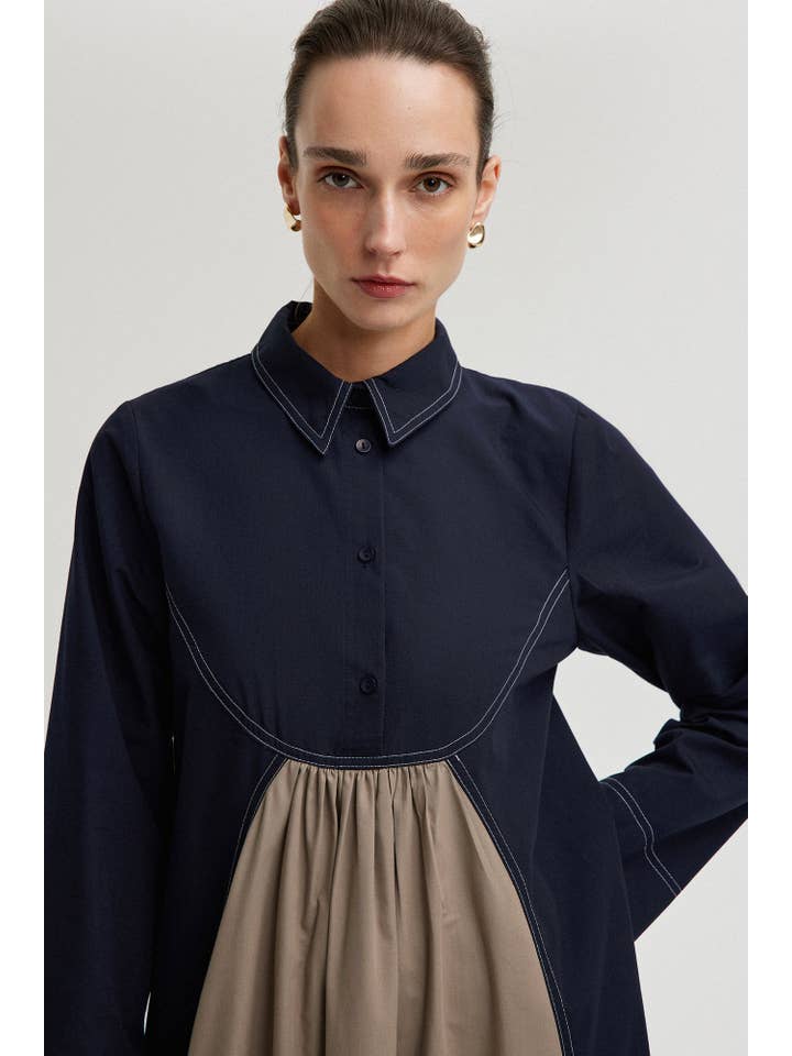 Navy Blue Cotton-Blend Collared Color Block Maxi Dress for wholesale on Faire1