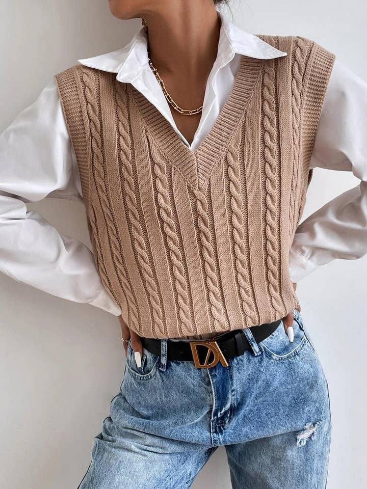 NINEXIS - Wholesale Outerwear Vest - Women's - CWOV0577_V-NECK SOLID COLOR CABLE KNIT SWEATER VEST