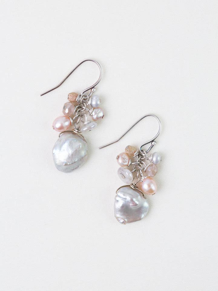 Blush Moonstone, Freshwater Pearl Cluster Earrings for wholesale by Anne Vaughan Designs Jewelry