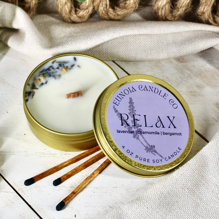 Relax Soy Candle | 4 oz Gold Tin + Wood Wick for wholesale by Eunoia Candle Co.