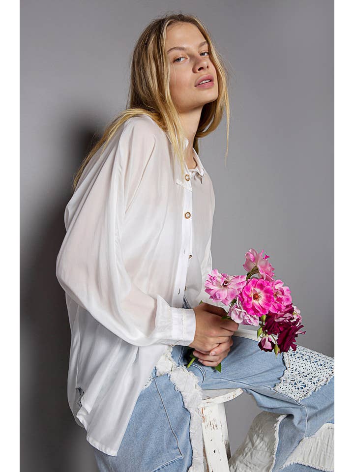 Pol Clothing - Wholesale Button Down Shirt - Women's - Open back batwing long sleeve sheer button down shirt SALE