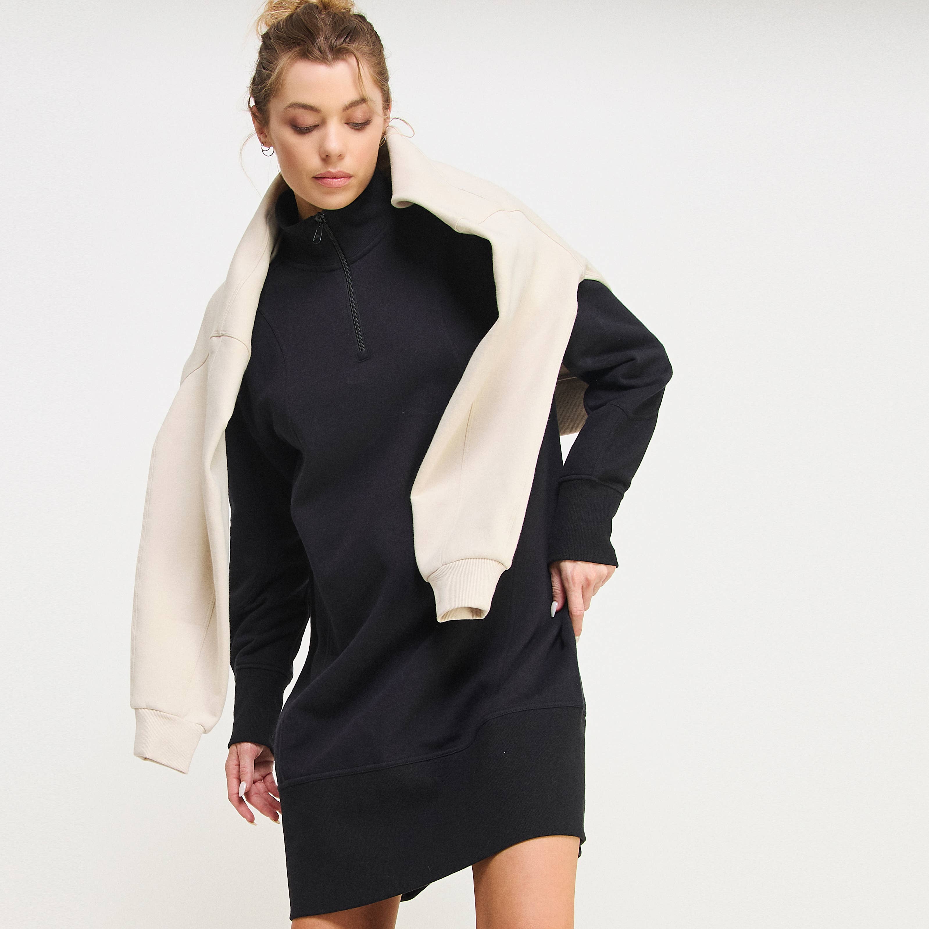 FREEZIA - Wholesale Dress - Women's - FRENCH TERRY HALF ZIP PULLOVER SWEATSHIRT DRESS-FZ0010-D318