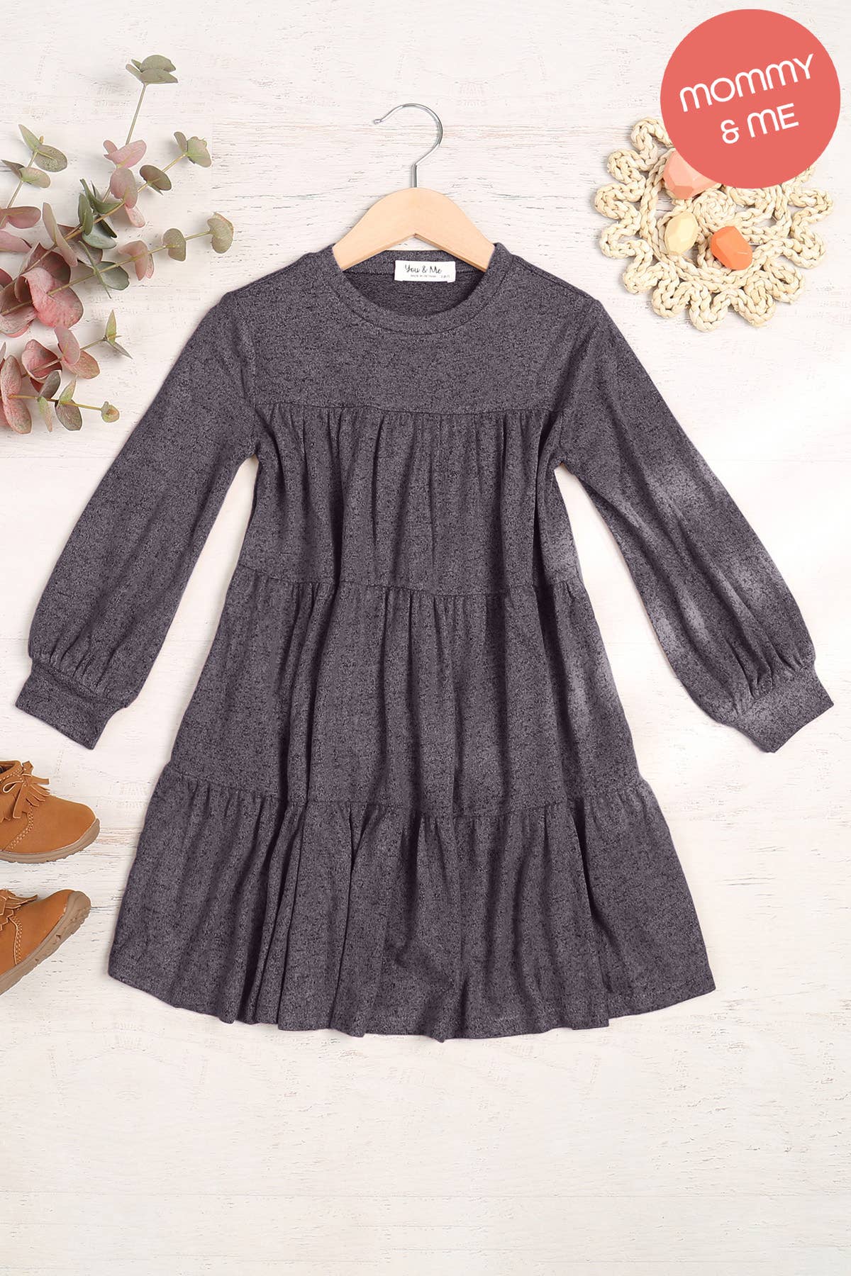 You & Me - Wholesale Dress - Kids - YMD10064TKV-KIDS PUFF LONG SLEEVE TIERED HACCI BRUSHED DRESS0