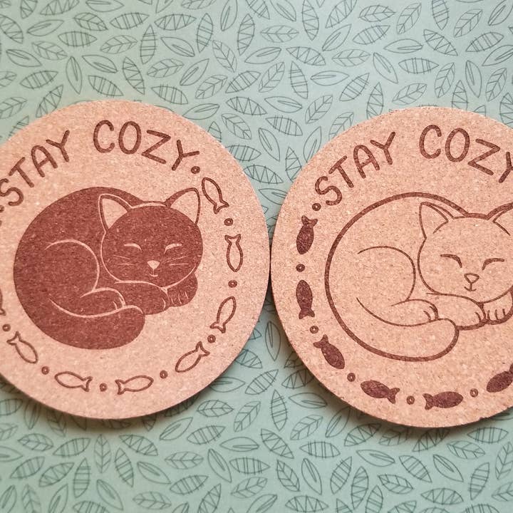 Stay Cozy Cats Cork Coasters for wholesale by Jade Raven Arts