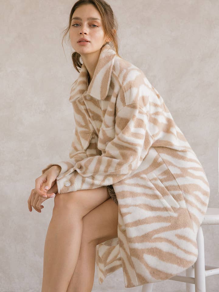 JT2950H- ZEBRA PRINT LONG BODY COAT for wholesale by STORIA