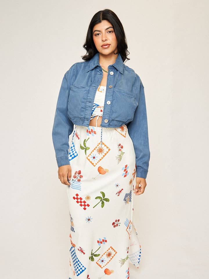 Drew Cotton Tencel Crop Jacket in Slate Blue for wholesale by What Lo Wants