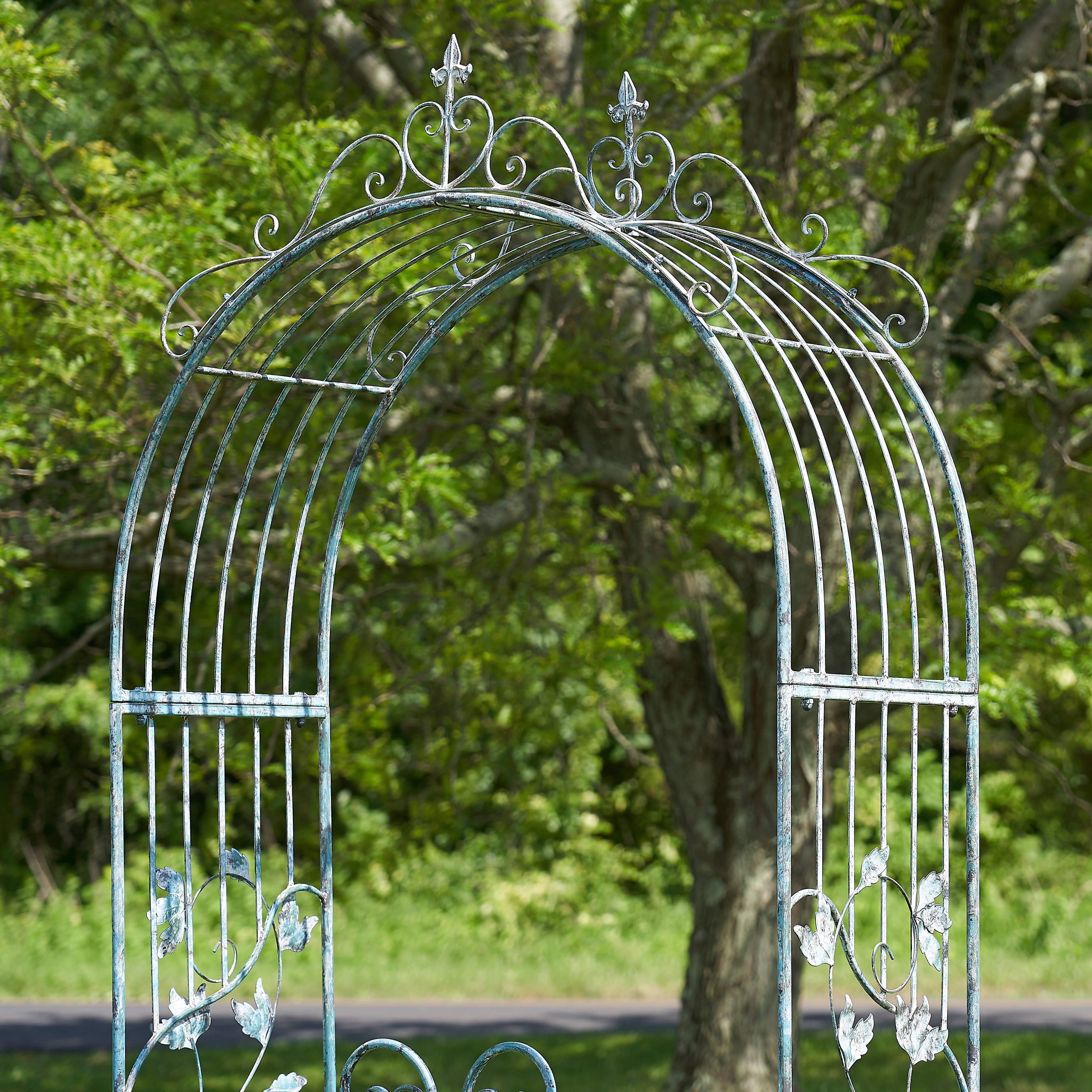 Zaer Ltd. International - Wholesale Outdoor Ornament/Decor - Iron Garden Gate w/Side Plant Stands "Stephania" in 3 Colors3