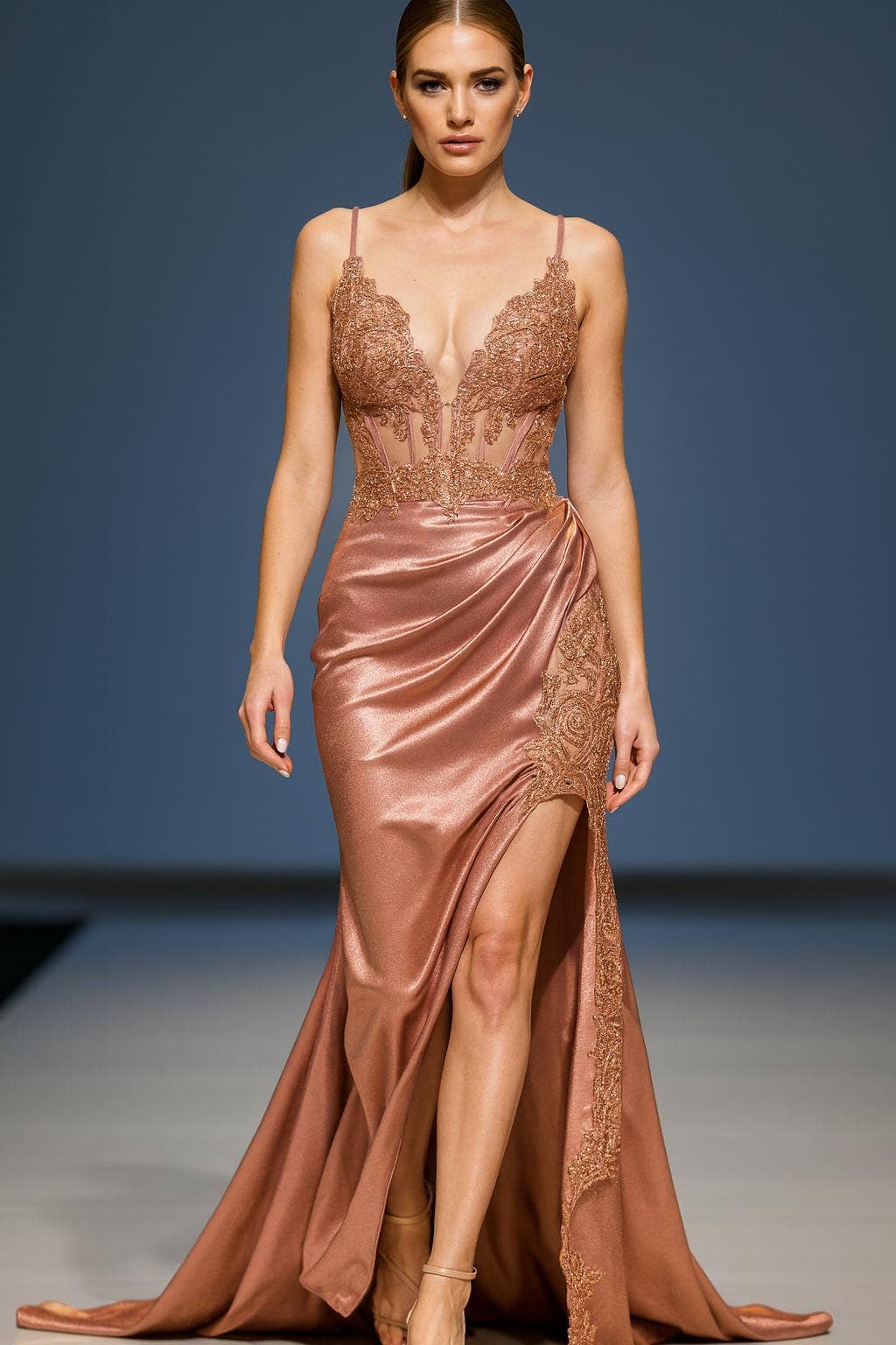 La Veneto - Wholesale Dress - Women's -  Deep v-neckline, thin straps, embellished bodice & leg slit5