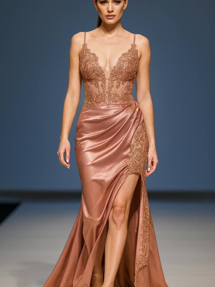 La Veneto - Wholesale Dress - Women's - Deep v-neckline, thin straps, embellished bodice & leg slit5