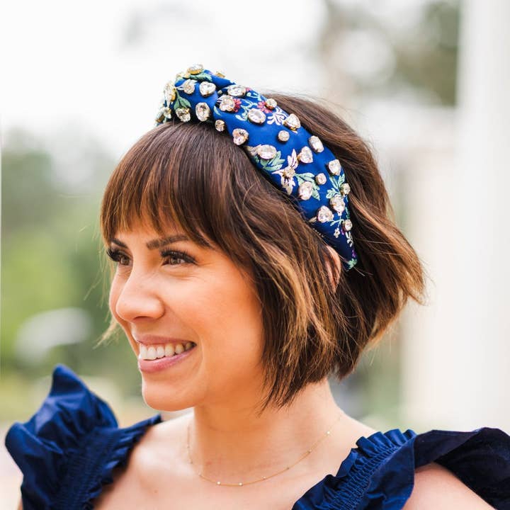 La Bella - Wholesale Fashion Headband - Women's - Morning Glory Blue Jeweled Floral Silk Headband1