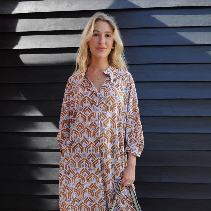 PASCALIA long dress with saffron and lavender geometric print for wholesale by B A O B A B - Mode