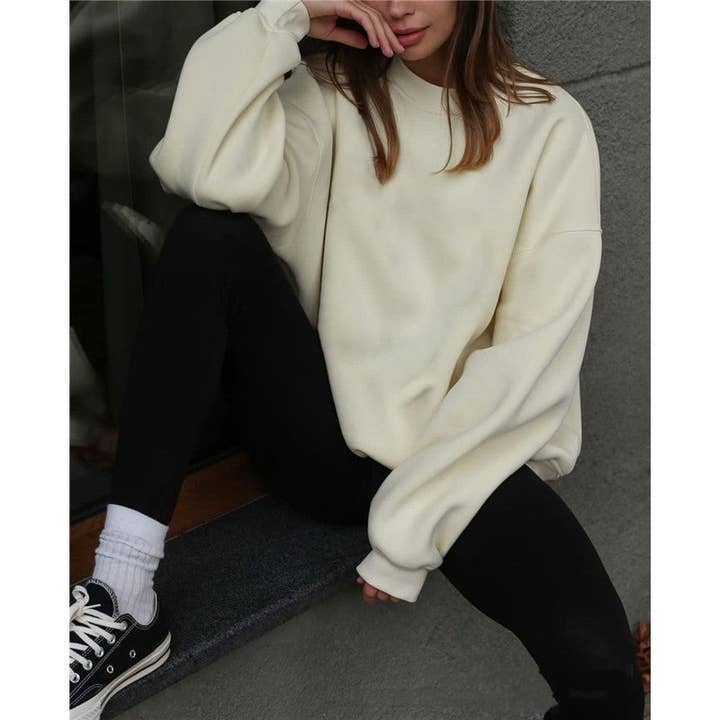 UZ Wholesale Store - Wholesale Sweatshirt - Women's - Casual Loose Fit Solid Color Crewneck Cotton Sweatshirt