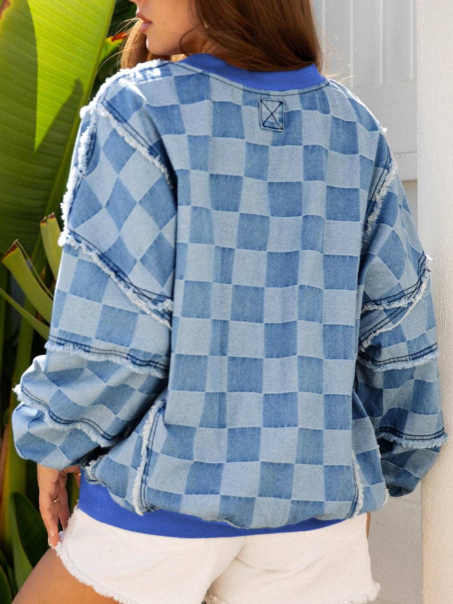 Blue Checkerboard Splicing Raw Detail Oversized Denim Pullover for wholesale on Faire1