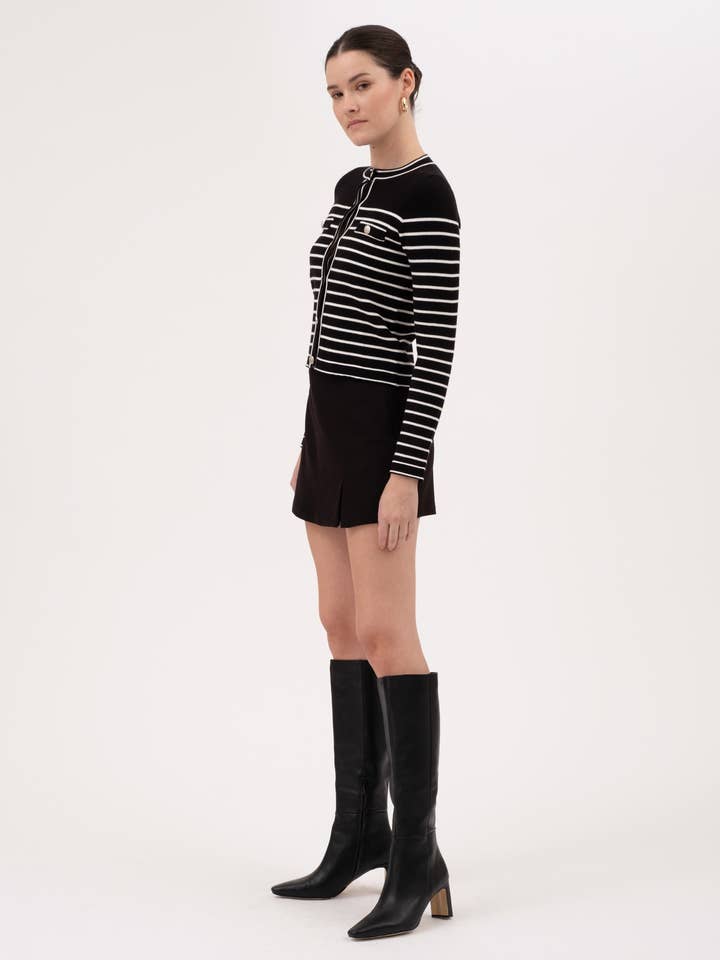 BLACK CONTRAST STRIPE ROUND NECK BUTTON DOWN CARDIGAN for wholesale on Faire