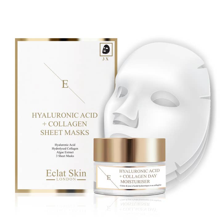 Hyaluronsyre og kollagen aminosyrer dagcreme+arkmaske - 3 ark for engroshandel hos EclatSkin London