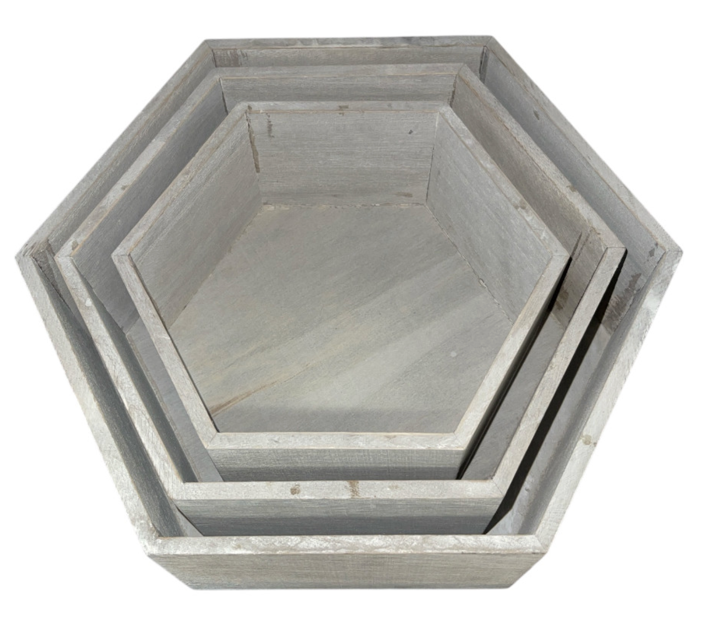 Thompson Wholesale - Wholesale Plant Pot - Natural & Gray Hexagon Washed Wood Pots -- 12 Piece Set2
