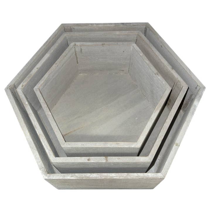 Thompson Wholesale - Wholesale Plant Pot - Natural & Gray Hexagon Washed Wood Pots -- 12 Piece Set2