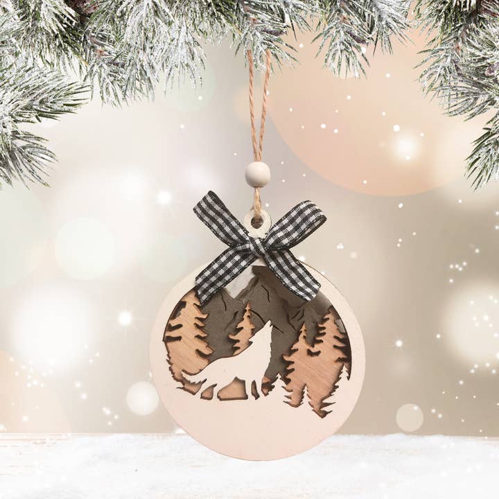 Ornamento Árvore de Natal Temático Lobo 3 camadas de madeira por atacado de Otter Imprints