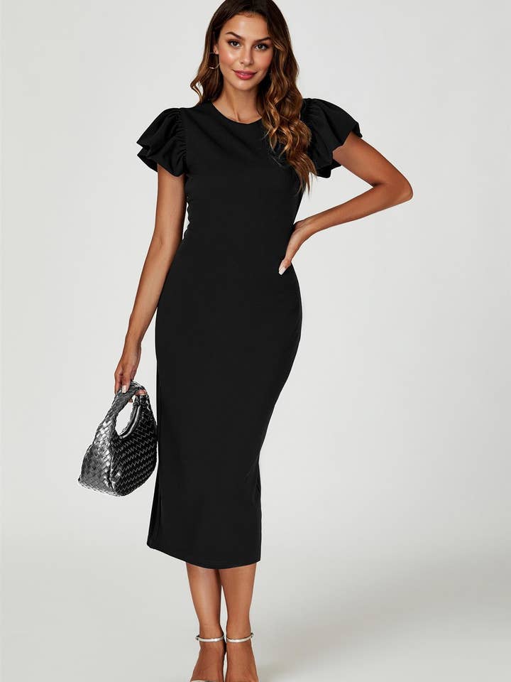 Robe mi-longue moulante à manches volumineuses en noir pour la vente par FS Collection