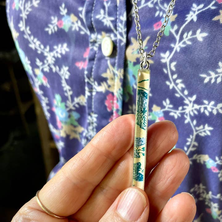 joeyfivecents - Wholesale Pendant/Charm Necklace - Long slim silver rectangle necklace - abstract design, blues