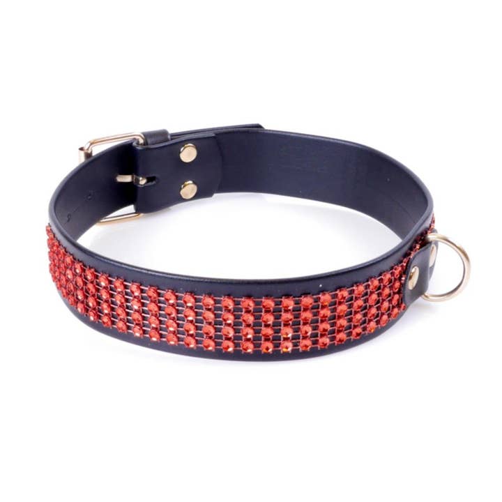 Bossoftoys - 33-00110 - Fetischhalsband Röd med stenar - 3 cm bredd - Röd linje justerbar - lätt att hänga - med produktetikett / streckkod för wholesale av Kinky Pleasure