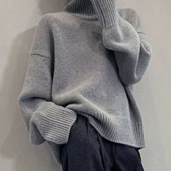 Long Sleeves Loose Pleated Solid Color Split-Joint High Neck Sweater for wholesale by ShieldChic