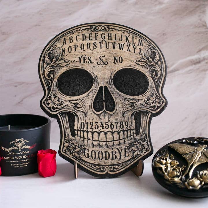 Engraved Skull Shaped Spirit Board for wholesale by Ink and Flowers Designs