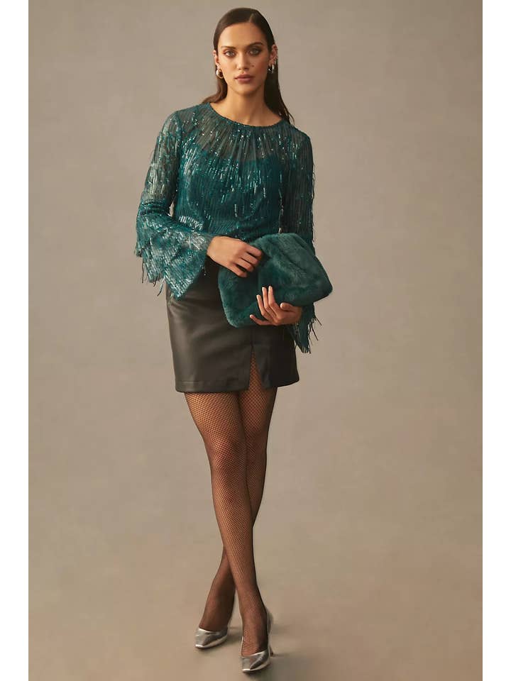 Eva Franco - Wholesale Blouse - Women's - Fall Long Sleeve Sequin Fringe Top – Glitter Pine1