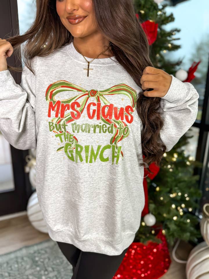 Mrs Claus Married Graphic Crewneck on Ash Gray for wholesale by birdie