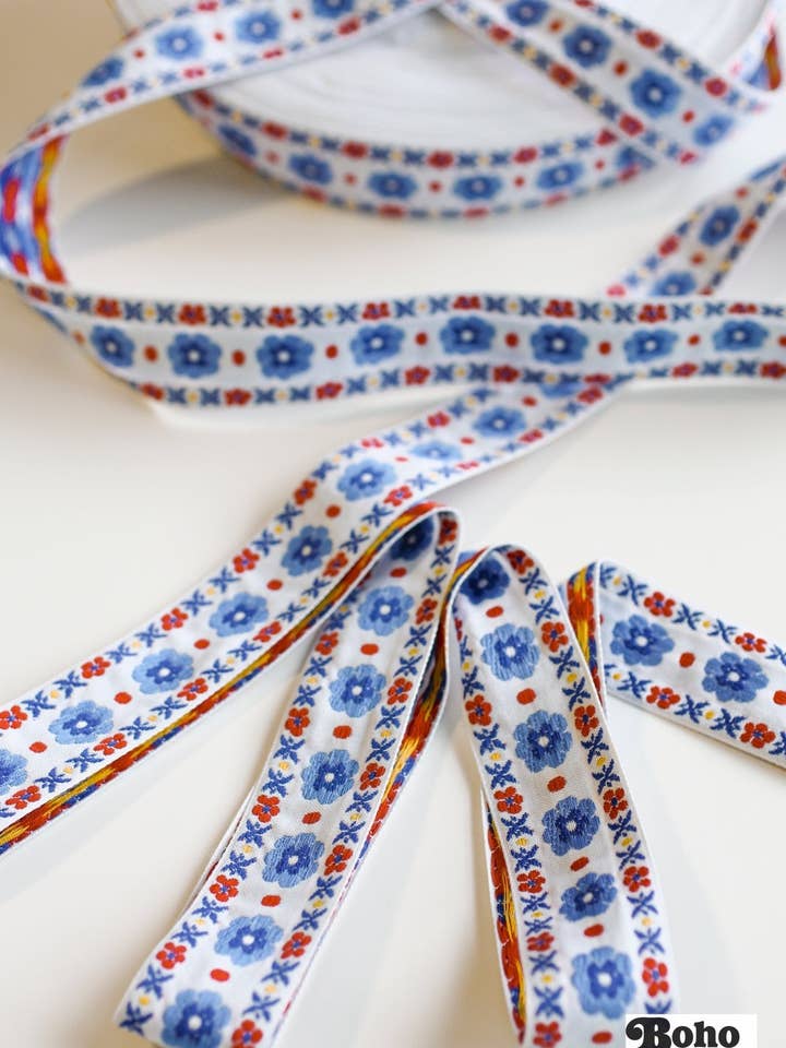 50 Yard Roll - Stitchwork Blooms in Blue & Red, 1 3/8" Vintage Jacquard Trim, TRIM-029 for wholesale by Boho Fabrics