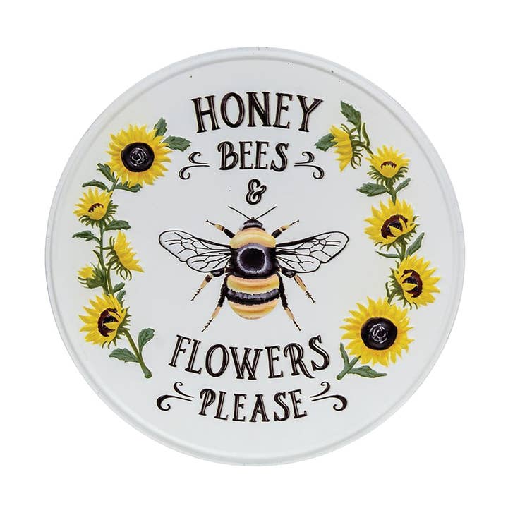 Honey Bees & Flowers Please Sunflower Round Metal Sign for wholesale by Col House Designs