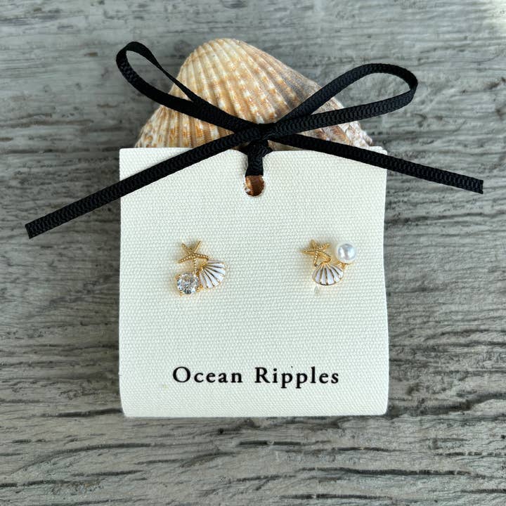 Ocean Ripples - Wholesale Stud/Post Earrings - 14ct Gold Plated Mismatch Starfish Shell Earrings