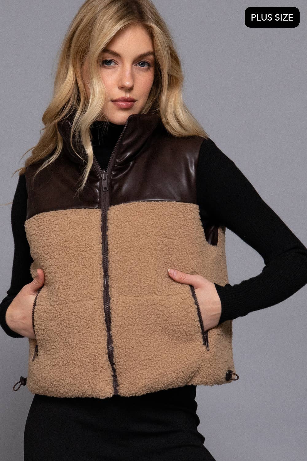 Active Basic | Active USA - Wholesale Outerwear Vest - Women's - [PLUS SIZE] Reversible Faux Leather-Sherpa Padding Crop Vest12