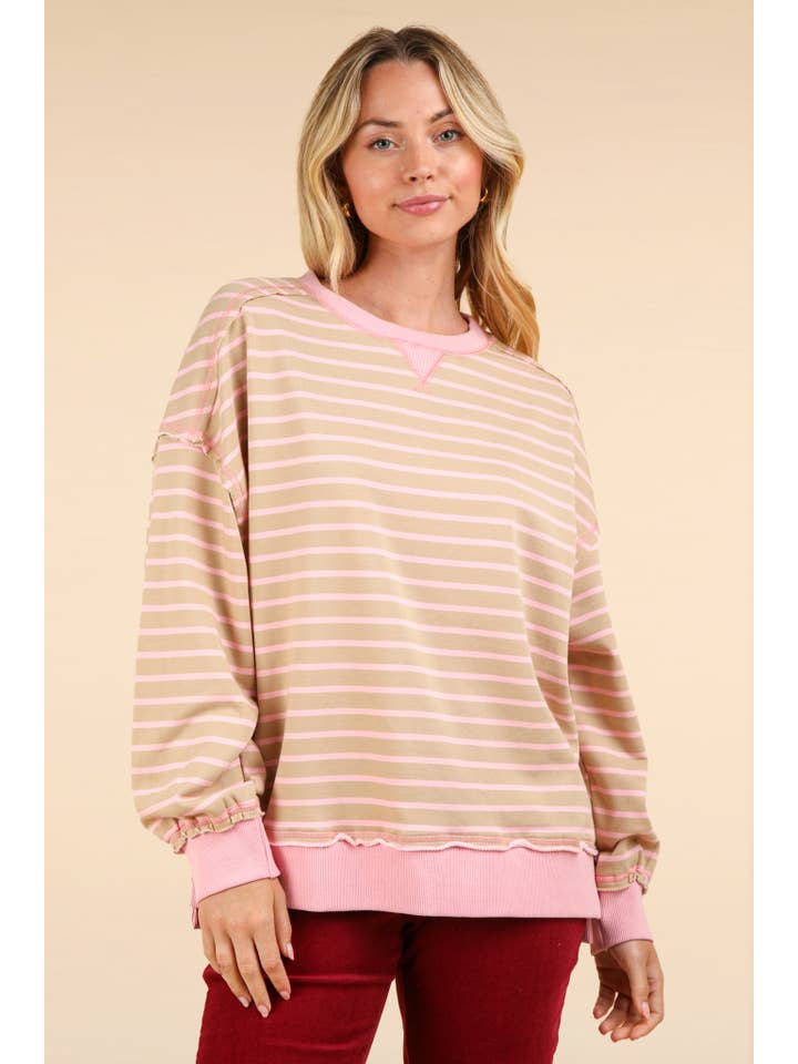 VERY J - Wholesale Knit Top - Women's - NT11927-Stripe Comfy Casual Oversized Knit Top