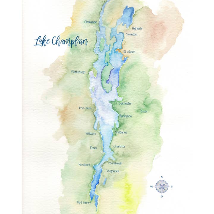 Lake Champlain Hand-painted Watercolor Map - Art Print for wholesale by Molly Joseph Fine Art