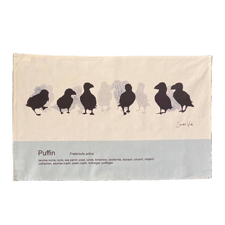 TEA TOWEL - PUFFIN unbleached cotton for wholesale by Sandra Vick