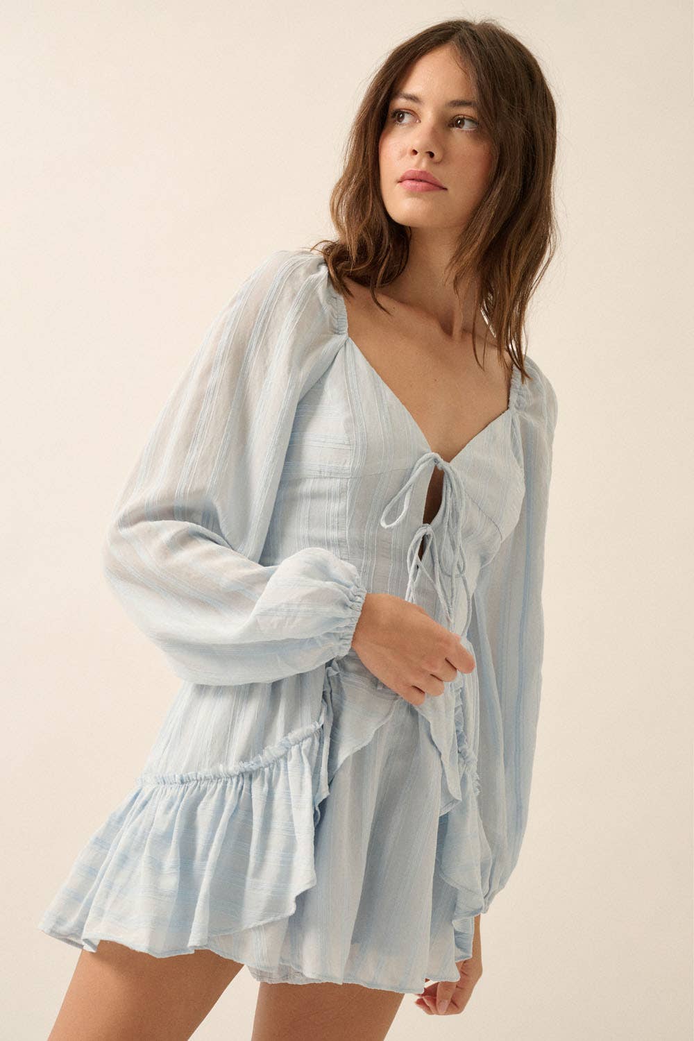 Promesa USA - Wholesale Romper - Women's - Textured Tonal-Stripe Ruffled Tie-Front Romper29