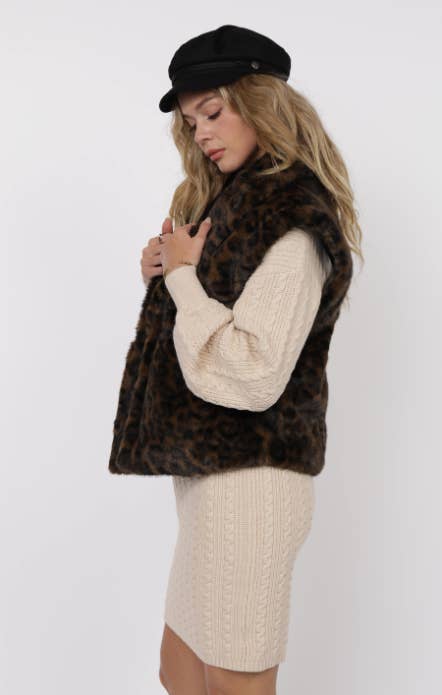 Sage The Label - Vente Pull sans manches – femme - Gilet surdimensionné en fausse fourrure léopard Waverly : MARRON NOIR11