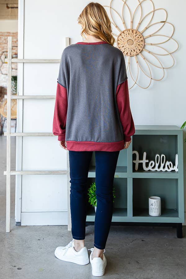 7th Ray - Wholesale Knit Top - Women's - Color Block Front Pocket Oversized Long Sleeve Top T53454
