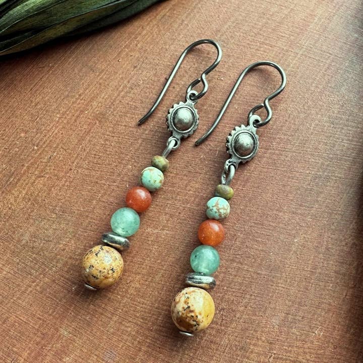 Long Beaded Stone Earrings, Jasper Turquoise, Silver Niobium for wholesale by Vintage Earth
