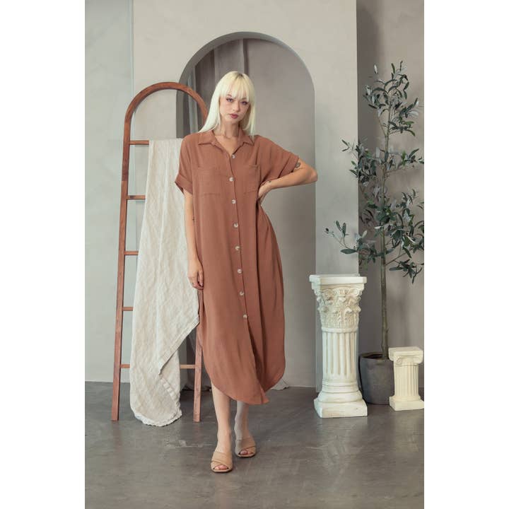 Fast Kortärmad Knapp Ner Klänning för wholesale av salt & bit