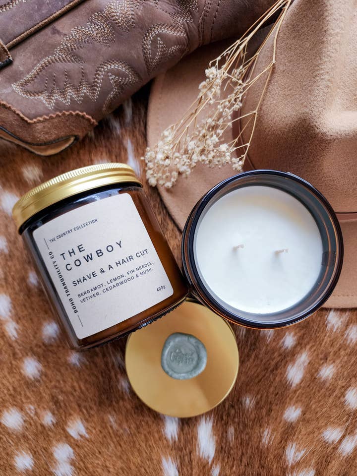 THE COUNTRY COLLECTION: THE COWBOY - XL AMBER GLASS CANDLE for wholesale by Boho Tranquility Co