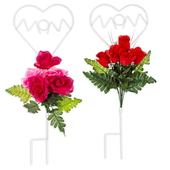 The Gerson Companies - Wholesale Decorative Figurine - Gerson 22"H Mom Heart w/ Roses Stake, 3 asst - Red, Pink, Cr