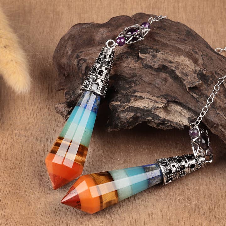 Seven-color crystal stone faceted hexagonal column pendulum for wholesale by GemMeet