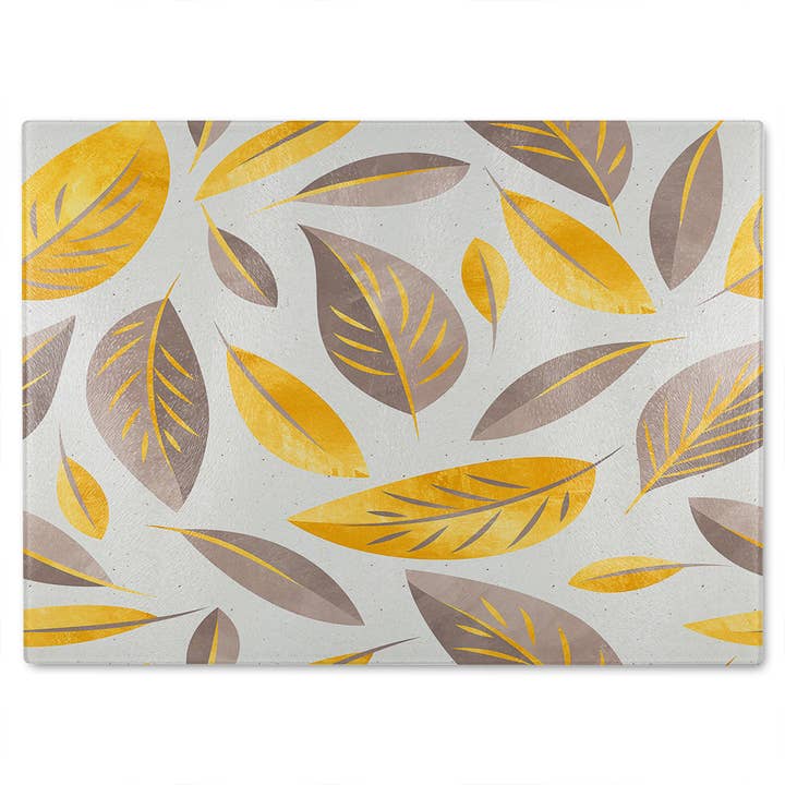 Botanical Gold And Purple Leaf Glass Chopping Board for wholesale by Benjamin Tate Design