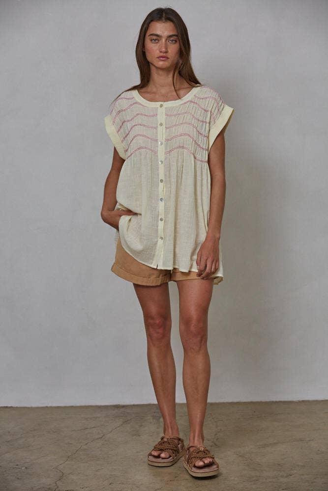 Cream L8377 | Woven Cotton Buttondown Round Neck Sleeveless Tunic  for wholesale on Faire1