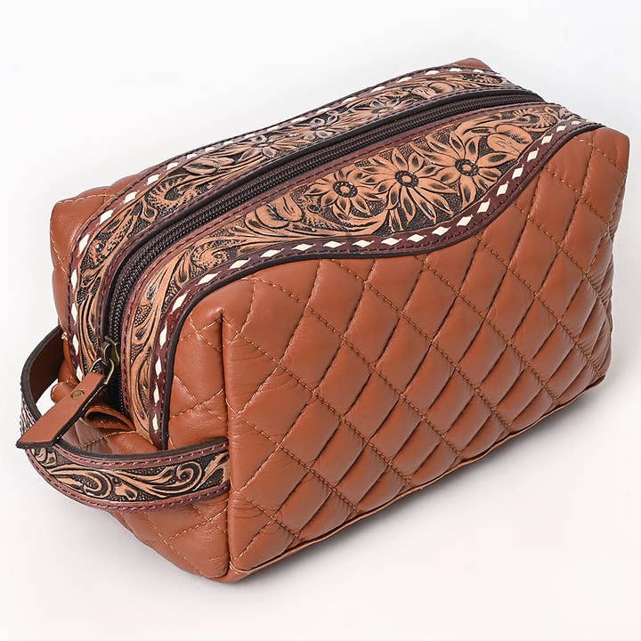LS Western - Wholesale Toiletry bag – women's - ADBG1675A Quilted Leather Dopp Kit with Tooled Floral Accents - Brown Travel Pouch by American Darling4