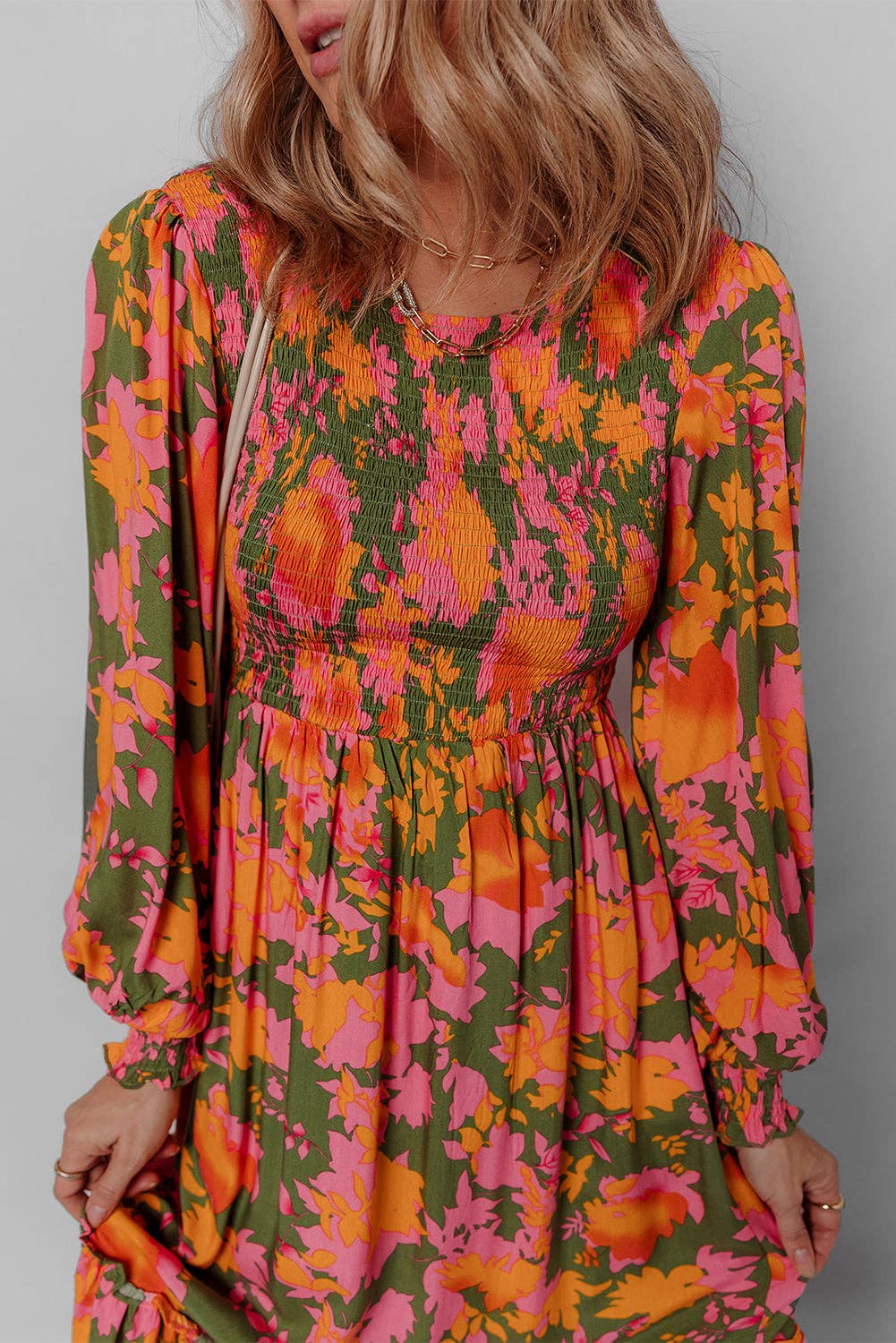 Orange Floral Puff Sleeve Smocked Bodice Ruffled Long Dress for wholesale on Faire6