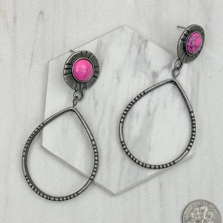 ERZ230488-04 silver metal circle with hot pink stone Earrings for wholesale by Western Elite Jewelry